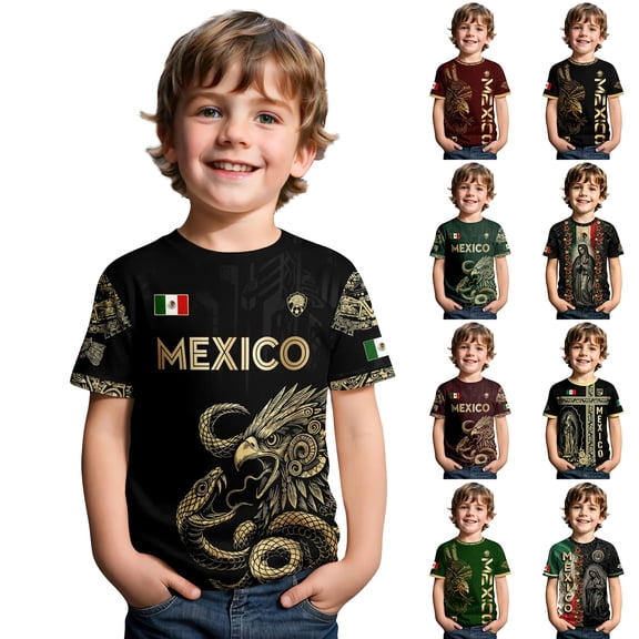 2026 New Mexico Soccer Jersey Boys, Printed Mexico National Team Design, Mexican Jersey Soccer T-Shirt, Boys Crew Neck Short Sleeve Match Day Athletic Casual Football Shirt for Kids