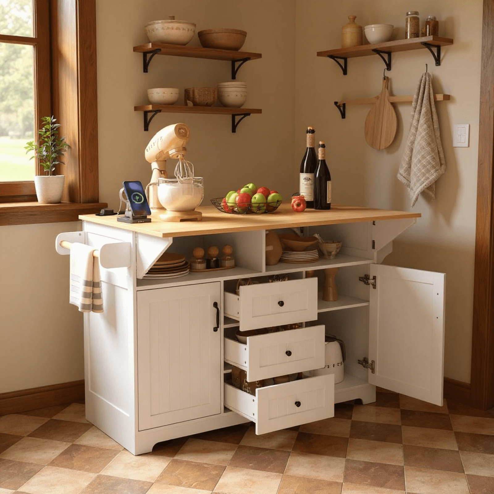 Homy Casa 55.7" Folding Kitchen Island with Power Outlet, Dual Drop Leaves and Storage Drawers