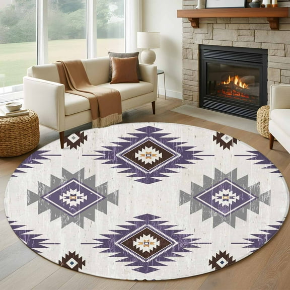 Purple Aztec Round Rug 5ft Washable Circle Kitchen Rugs Non Slip Southwest Boho Abstract Gray Geometric Large Area Rug Indoor Floor Carpet for Bedroom Living Room Home Office Dining Room Nursery