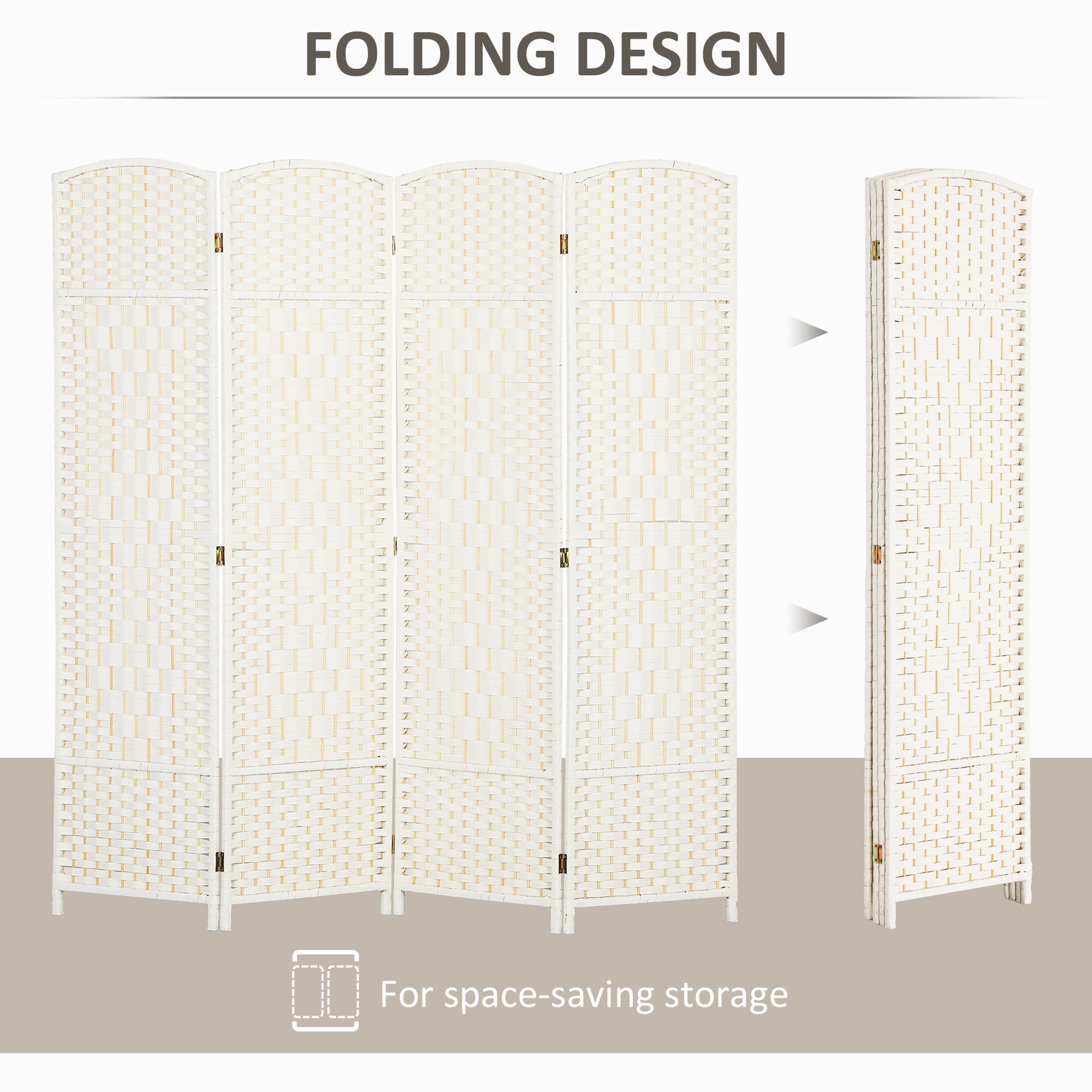 HOMCOM 4 Panel Room Divider, 6' Tall Folding Privacy Screen, Hand-Woven Freestanding Wood Partition for Home Office, Bedroom, White