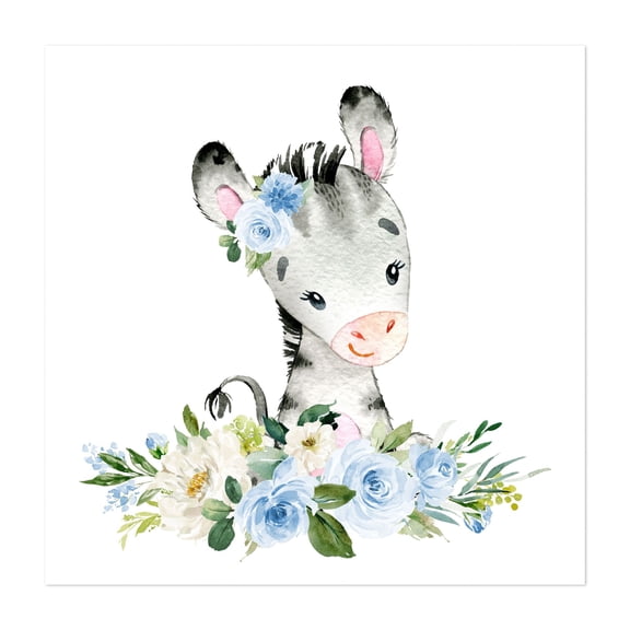 Zebra, Safari Animals, Jungle Animals, Blue Flowers, Boy Nursery - Illustration Watercolor Animal Floral Flowers Whimsical Unframed Wall Art Print 6 x 6 inches