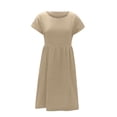 thumbnail image 5 of Summer Dress Saving! Women's Casual Cotton Linen Solid Round Neck Short Sleeve Dress Midi Leisure Dress Khaki M, 5 of 5