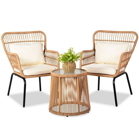 Tappio 3-Piece Patio Conversation Bistro Set Rattan Furniture, Outdoor Patio Set W/Glass Top Table &Amp; Cushions For Garden Balcony Backyard Poolside, Yellow/Beige