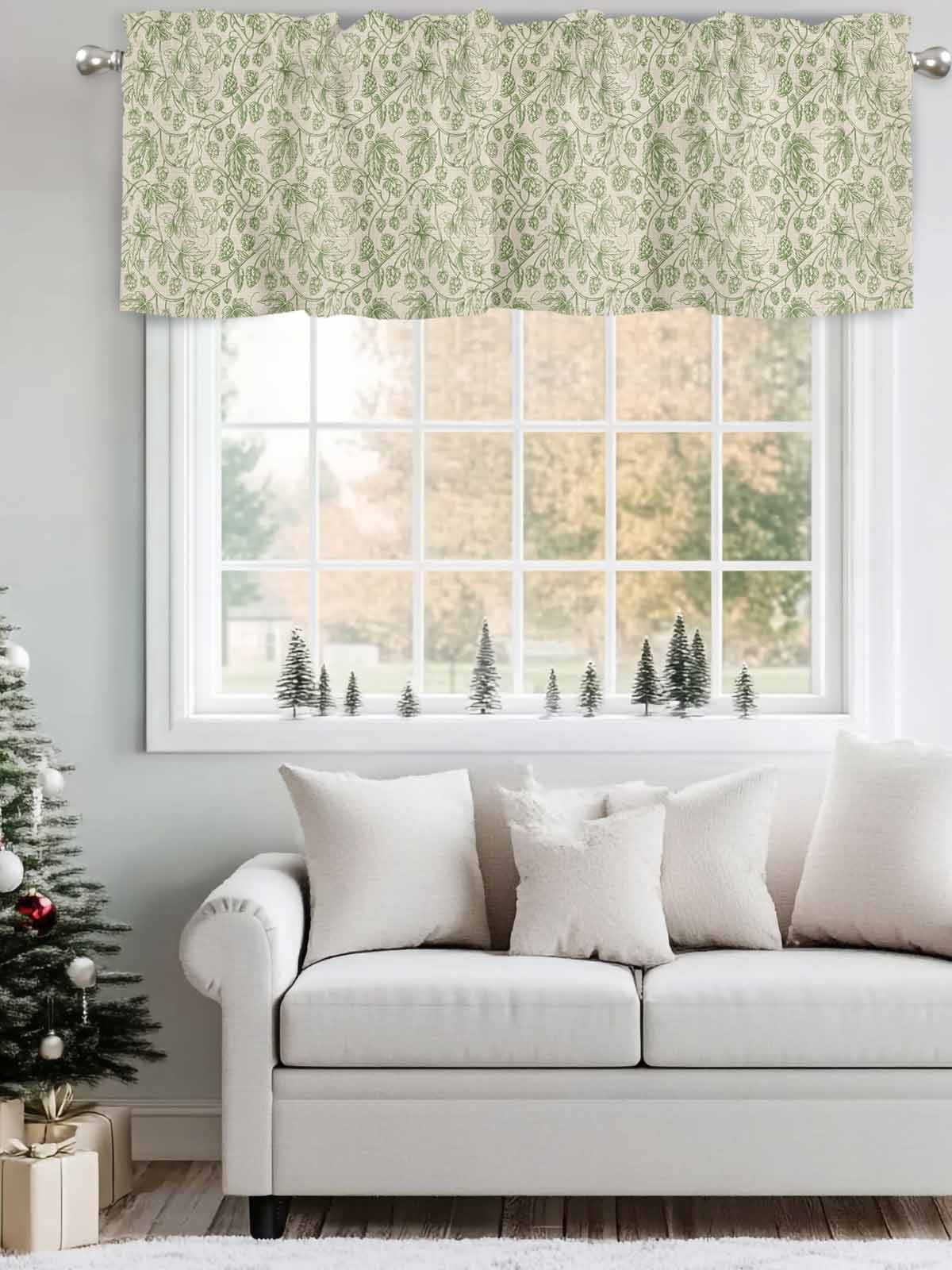 Kitchen Valances for Window, Vintage Sage Green Botanical Light Filtering Rod Pocket Valance Curtain, Ombre Leaves Retro Linen Short Curtains Window Topper for Bedroom Bathroom Living Room 54x18in