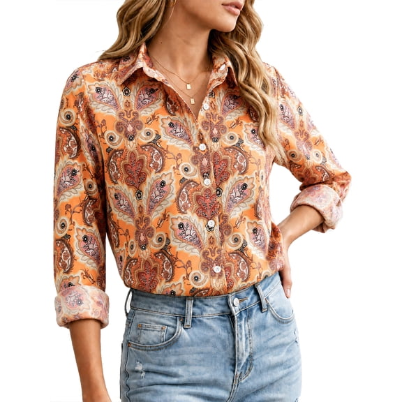 Floral Button Down Shirts for Women Floral Print Blouse Casual Dressy Long Sleeve Boho Tops