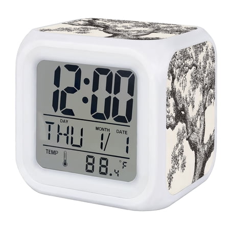 Vintage Botanical Digital Alarm Clock for Bedrooms, Smart LED Alarm Clock with 7 Color Changing Night Light, Antique Foliage Tree Rustic Silent Wake Up Clocks for Sleep Study Cooking 3.2x3.2
