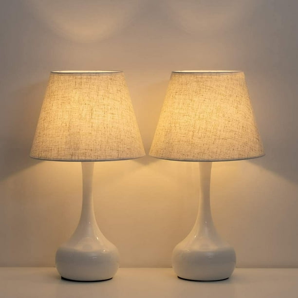 Bedside Lamps Set of 2 with Metal Base Fabric Lamp Shade White