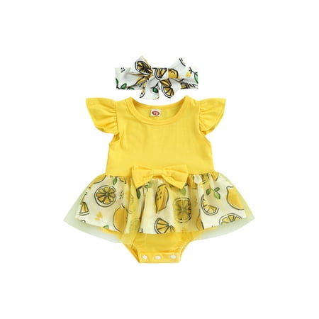 

Sunisery 2Pcs Toddler Infant Baby Girls Summer Outfits Lemon Print Flying-Sleeve Romper Dress + Hairband Yellow 3-6 Months