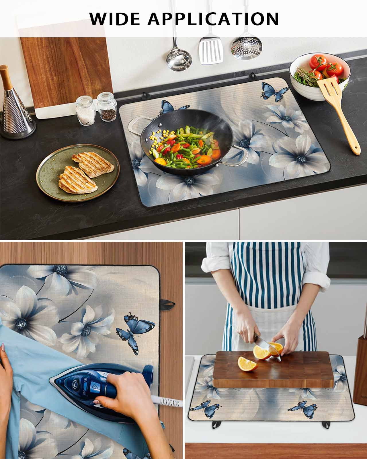 nqOlkjepod Large Induction Cooktop Protector Mat 24"x21", Elegant Floral Stove Top Covers for Electric Stove, Modern Blue Butterfly Flowers Burlap Stove Burner Cover Mats, Glass Top Stove Cover