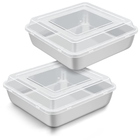 Walchoice 8 x 8 inch Baking Pan with Lid, Stainless Steel Square Cake Pans with Covers, Deep Bakeware Set of 2 for Lasagna Brownie, Silver