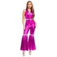 thumbnail image 1 of Hansber Womens S S Disco Costumes Sparkle Flare Jumpsuit Shiny Metallic For Rave Themed Parties Hot Pink S, 1 of 5