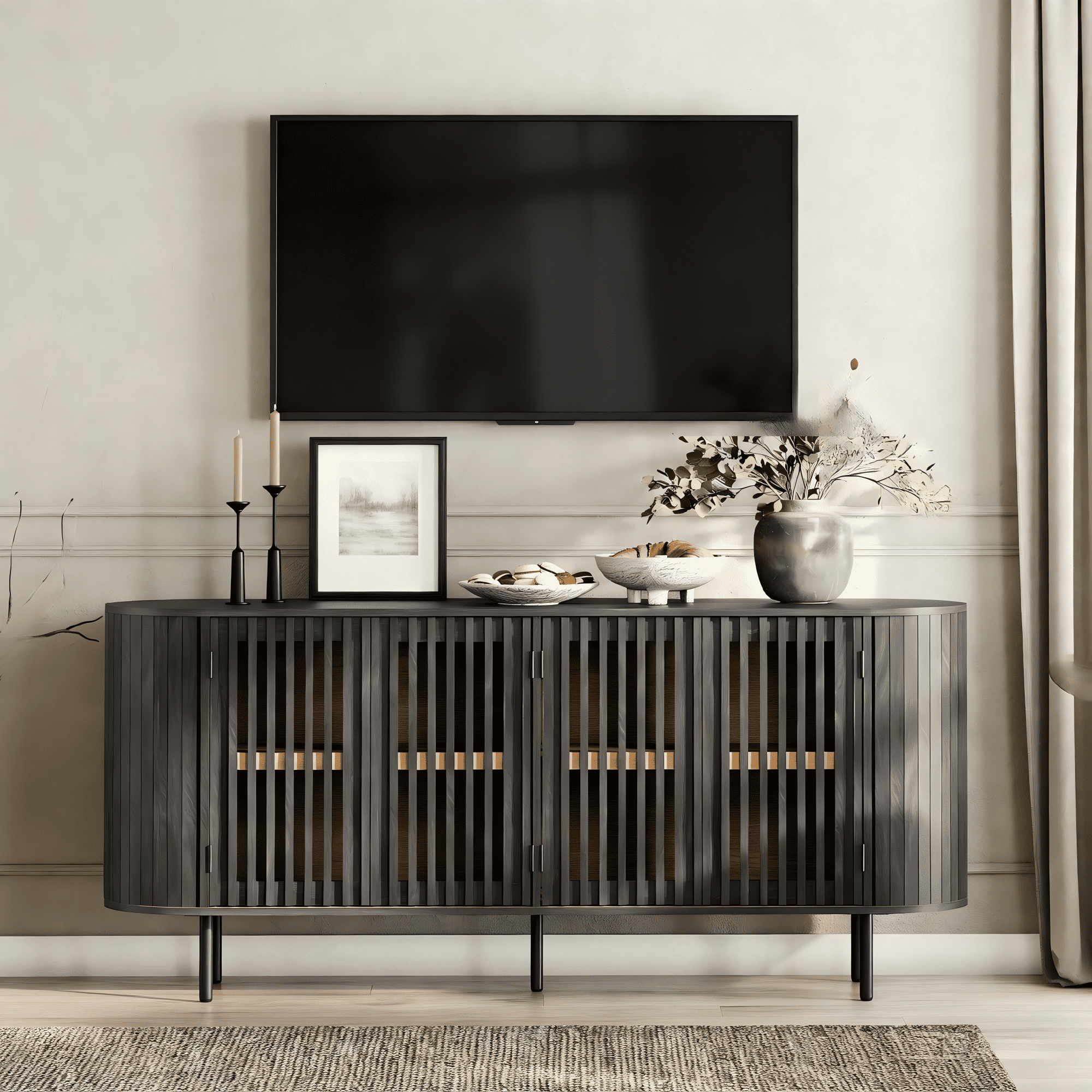WAMPAT Modern Sideboard Buffet Cabinet with Storage, Wooden Accent Storage Cabinet with 4 Fluted Doors, Credenza with Curved Design for Dining Room, Living Room, Kitchen, Black
