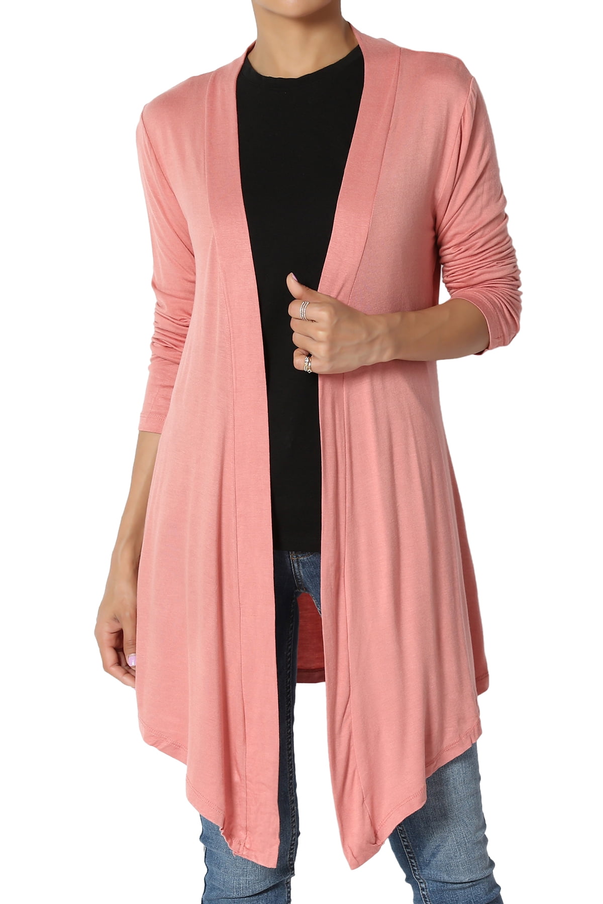 TheMogan Women's S3X Plain Solid Lightweight Jersey Layering Long Open