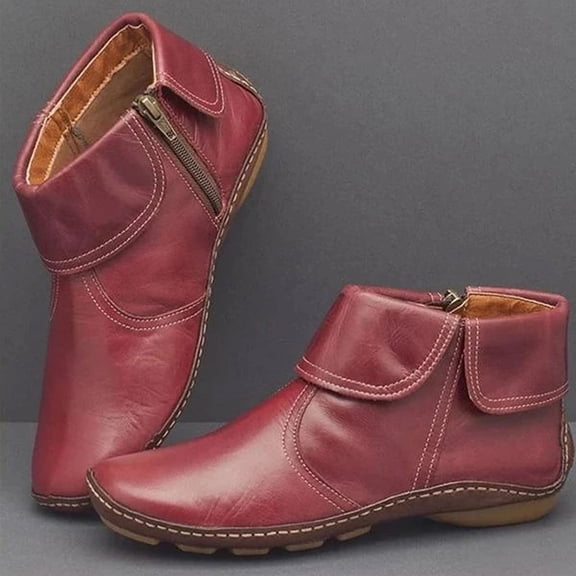 UTTOASFAY Clearance Shoes Women Boots,Flanged Flat Bottom Side Zipper Low-Barrel Leather Short Boots Women Flash Picks