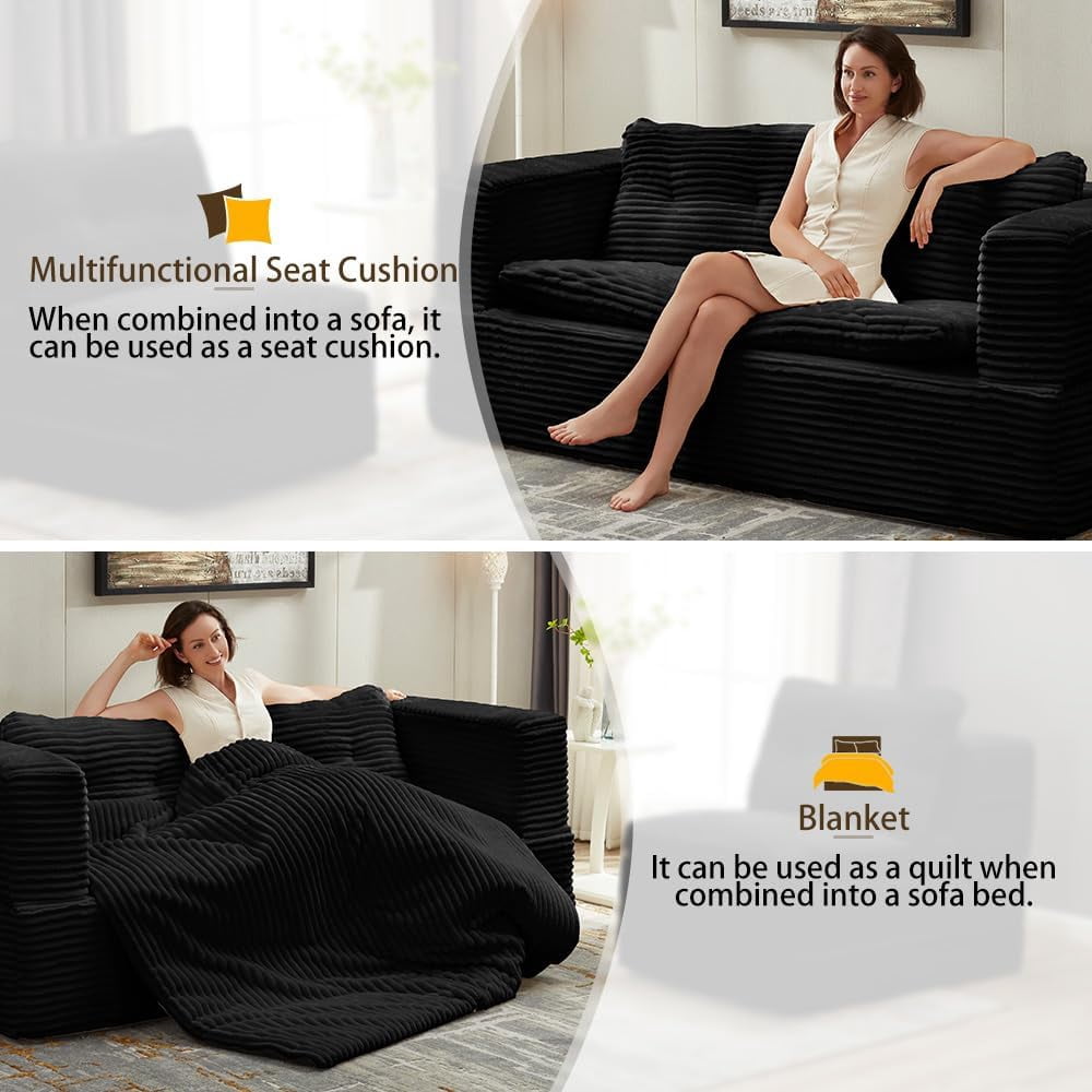 80" Folding Sofa Bed King Sleeper Sofa with Chaise Lounge, 2-in-1 Convertible Corduroy Boneless Couch with Blanket, Modern Loveseat Couches for Living Room, No Assembly Couch, Black