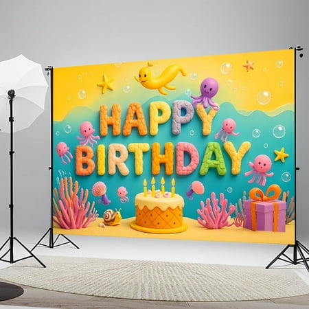 7x5FT Happy Birthday Cartoon Ocean Backdrop Sponge Ocean Birthday Banner Party Backdrop Photo Prop for Under The Sea Cartoon Sponge Party Supplies