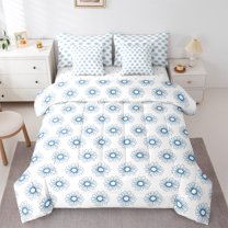 Manfei Kawaii Daisy 7 Pieces Bedding Comforter Set,Rustic Flower Full Bedding Set,White Blue Floral Fitted Sheet Flat Sheet For Girl Teens,Ultra Soft Home Decor Reversible