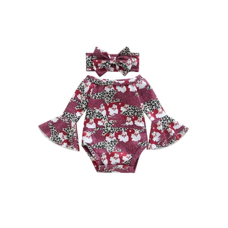 

LWXQWDS Infant Baby Girls Christmas Clothes Romper Santa Claus Leopard Print Flare Sleeve Jumpsuit +Headband Set Red 12-18 Months