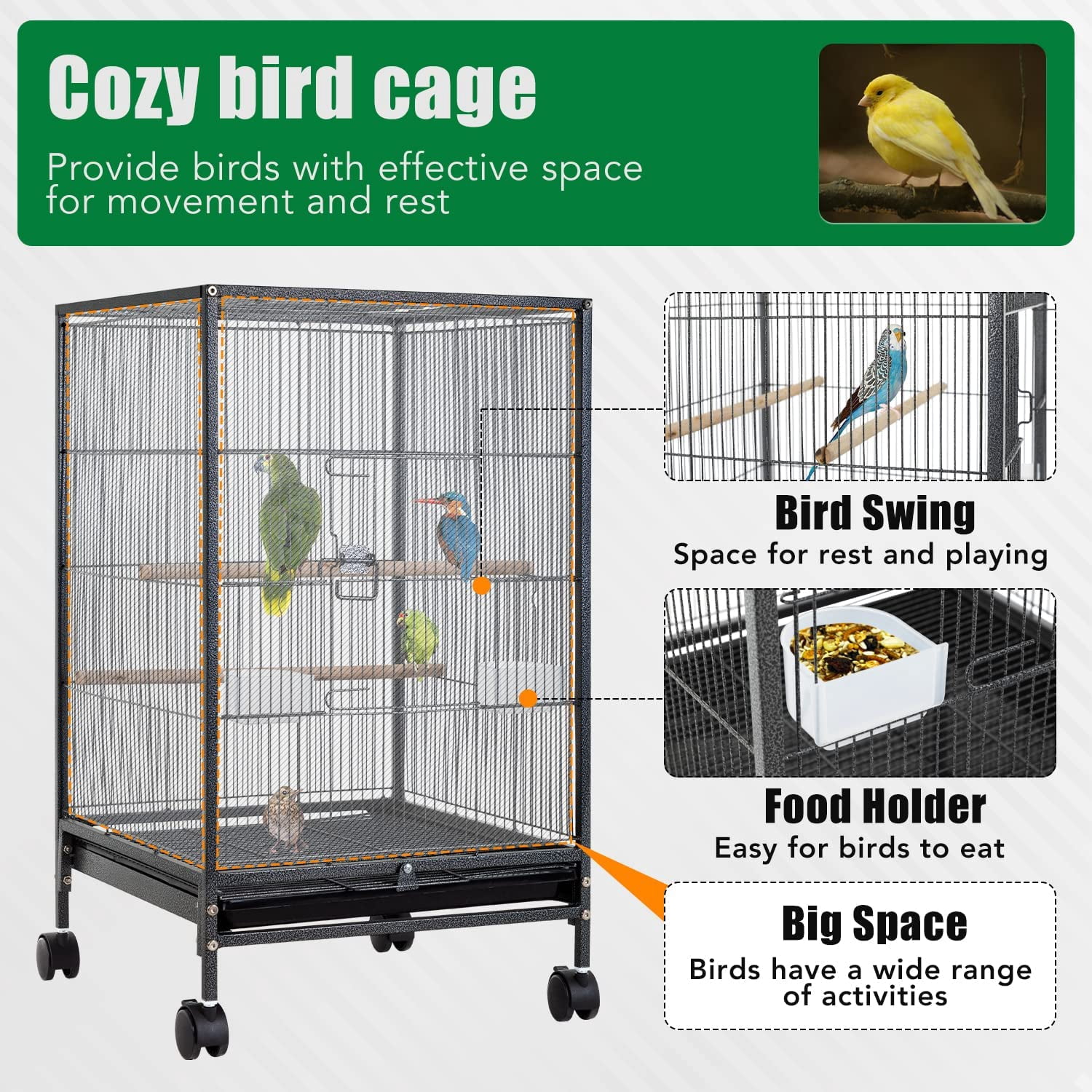 CL.HPAHKL 35 inch Bird Cage with Rolling Stand, Metal Birdcage Parakeet Cage for Parakeets Cockatiel Canary Finch Lovebird Parrotlet Pigeons, Black