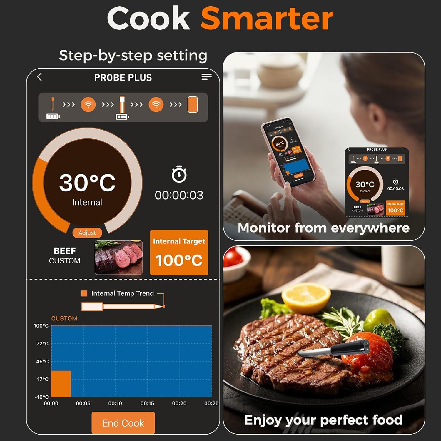 NiTsai Smart Wireless Meat Thermometer with Ultra Thin Probe, Remote Monitoring and  Read with APP, Bluetooth Food Thermometer for Oven, BBQ, Smoker, Grill, Air Fryer