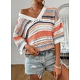 thumbnail image 5 of Women’s Crochet Sweater Top V Neck Cap Short Sleeve Spring Summer Knit Shirt Loose Hollow Out Striped Pullover Beach Vacation Cruise Casual Fashion Clothes, 5 of 7