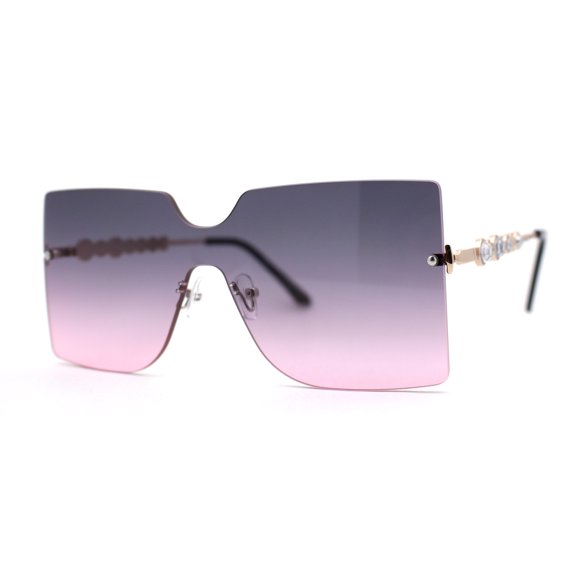 SA106 Womens Rhinestone Jewel Arm Rimless Block Lens Shield Sunglasses Gold Purple Pink