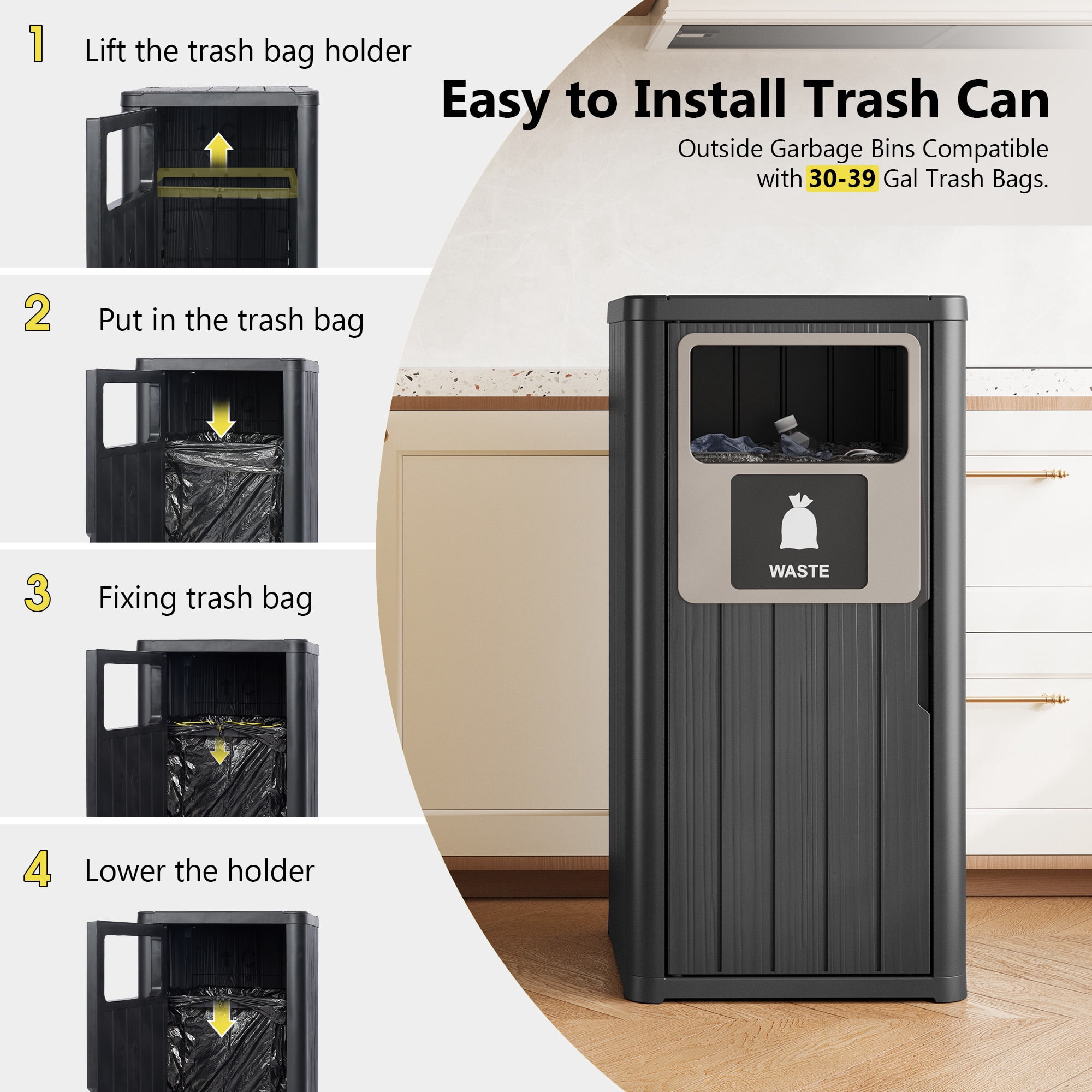 Nihsuao 42 Gallon Resin Trash Can, Durable & Waterproof Outdoor Garbage Bin with Garbage Labels, Weather-Resistant Waste Bin for Indoor Kitchen, Outdoor Porch, Backyard, (Black, 1)