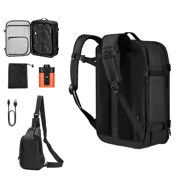 KFFKFF Expandable 65L Travel Backpack with Vacuum Compression, Includes Pump, TSA Lock, Water-Resistant Carry-On Bag for Business Trips, Gray