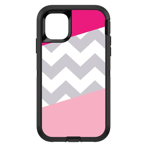 DistinctInk Custom SKIN / DECAL compatible with OtterBox Defender for iPhone 11 Pro MAX (6.5" Screen) - Hot Pink Block Grey Chevron - Chevron Stripes Pattern