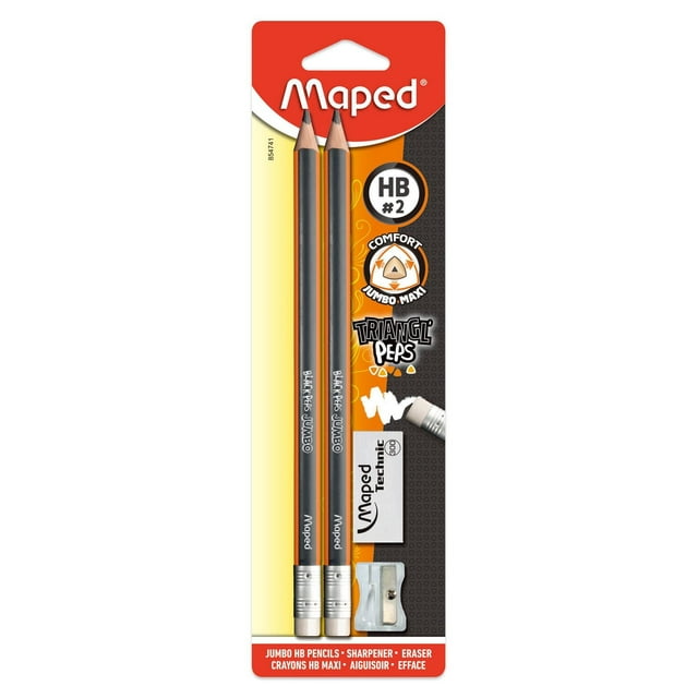 Maped JUMBO Graphite HB pencils x2 with 1 sharpener and 1 eraser