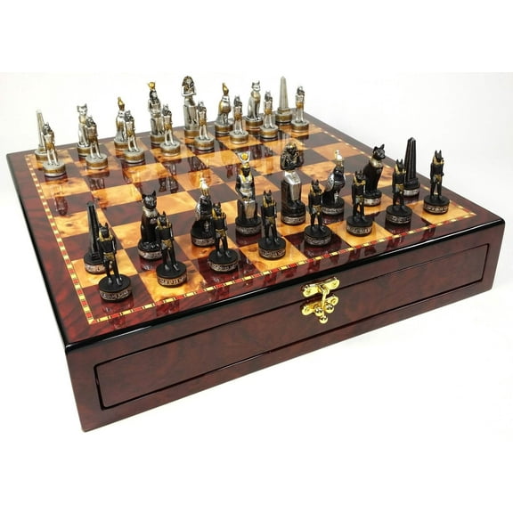 Egyptian Anubis Chess Set Black  Silver Gold Accents Cherry Color Storage Board