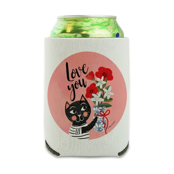 Love You Cat Flowers Can Cooler - Drink Sleeve Hugger Collapsible Insulator - Beverage Insulated Holder