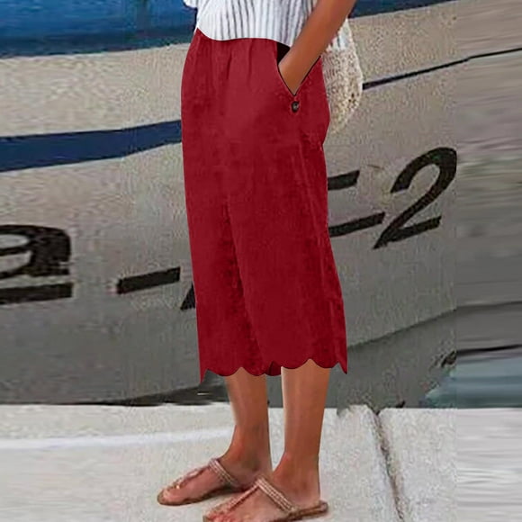 Jsaierl Women's Wide Leg Cotton Linen Capris Pants Summer High Waist Pant Loose Fit Flowy Drawstring Casual Trousers Lightweight Lounge Pants