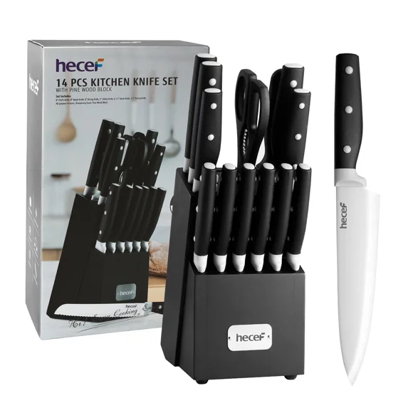 Refurbished Hecef 14 Pcs Kitchen Knife Block Set, Black - Satin Finish
