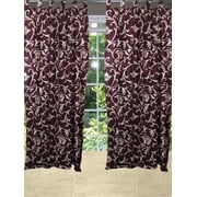 Mogul Interior Floral Printed Crushed Velvet Plum Curtains, 2 Panels