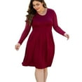 thumbnail image 3 of Aiyino Plus Size Dresses for Curvy Women Long Sleeve Casual Pleated Swing Dresses with Pockets,Wine Red 2XL, 3 of 4