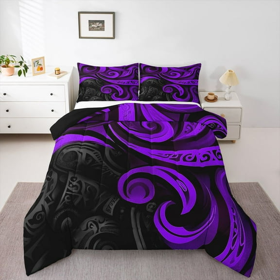 Manfei Abstract Swirl Stripes Bedding Comforter Set 2pcs for Teens,Geometric Lines Twin Comforter Sets Microfiber,Black Purple Breathable Bedding Set,Lightweight Room Decor,Reversible