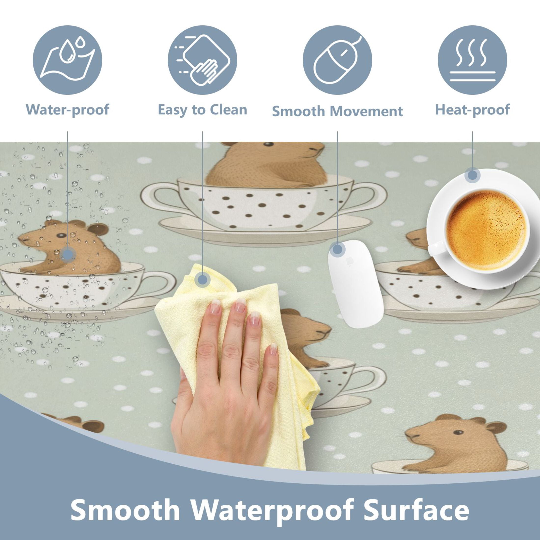 Leather Keyboard and Mouse Desk Mat Office Desk Accessories Protective Office Desk Decor Desk Pad Mat for Gaming, Work from Home, Office Cute Capybara in Coffee Cups 16.5" x 35.4"