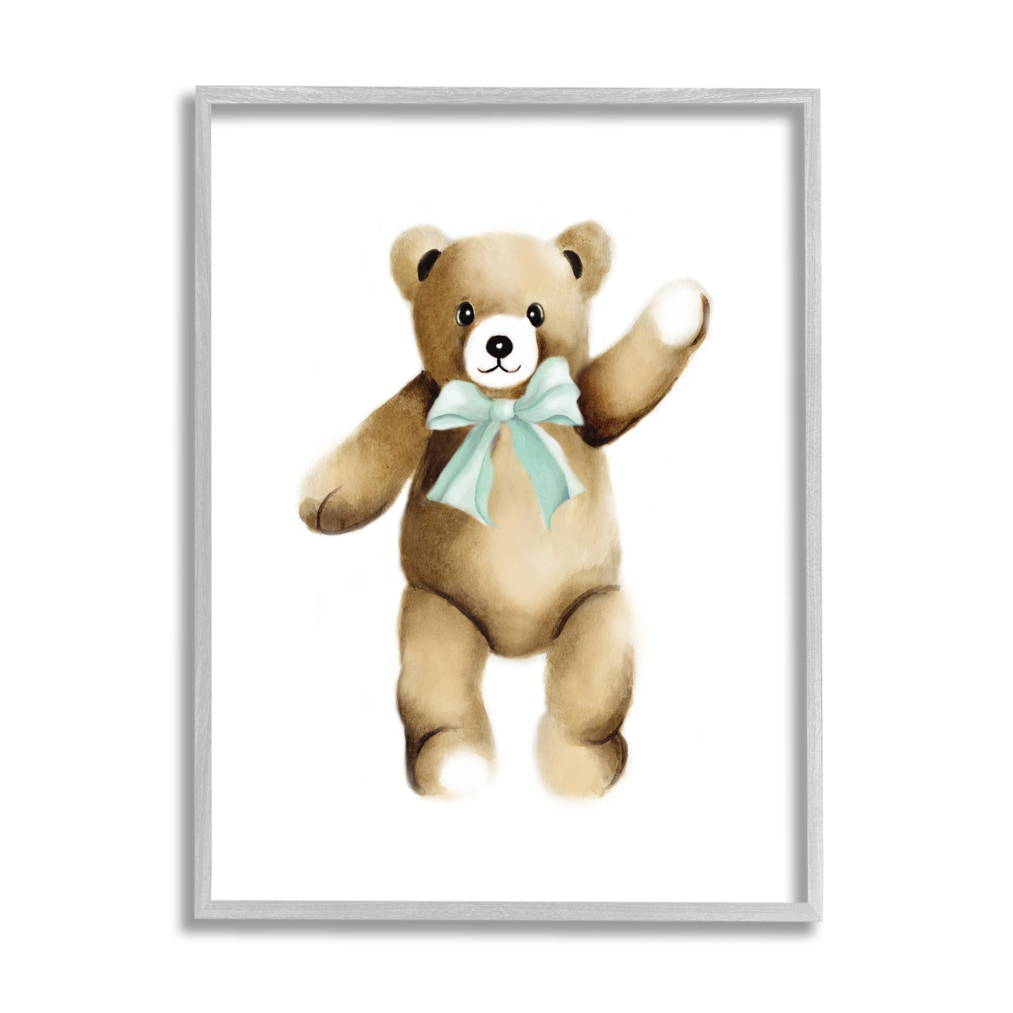 Stupell Industries Adorable Teddy Bear Nursery Animal Green Ribbon Graphic Art Gray Framed Art Print Wall Art, Design by Studio Q