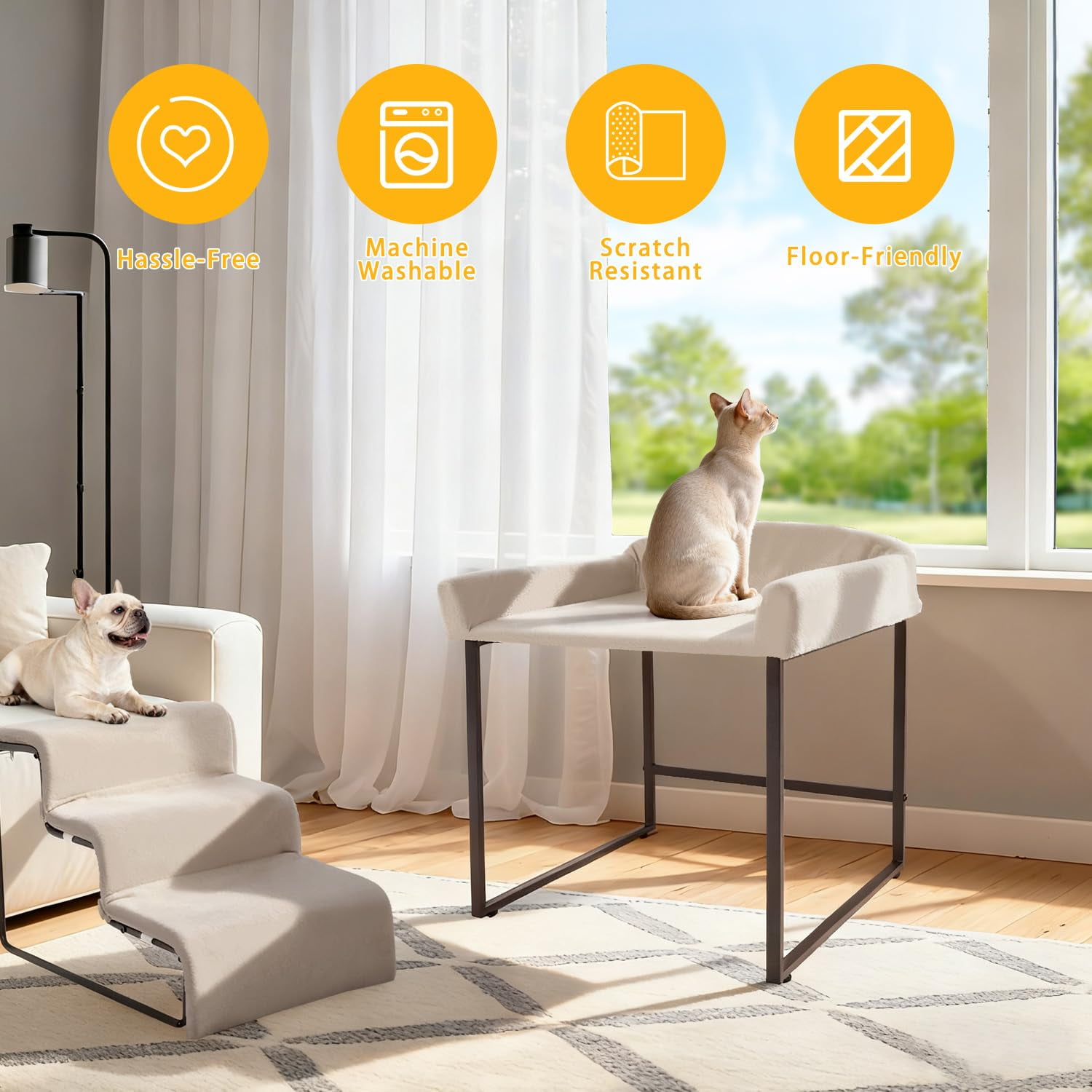 Dog Window Perch with Stairs, Pet Stairs Ramp with Seat, Dog Perch to Look Out Window with Ramp, Lounge Elevated Dogs Bed, Small Pet Step, Multi-Level Platform with Foam Upholstery