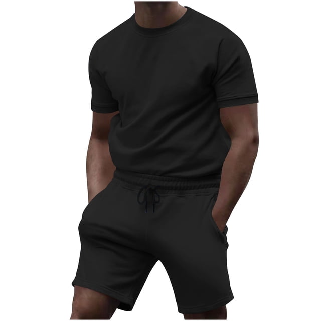 Cinvoph Casual Sport Set for Men Short Sleeve Crewneck T Shirt and Shorts Drawstring Solid Color Athletic Sportswear Tracksuit Sets
