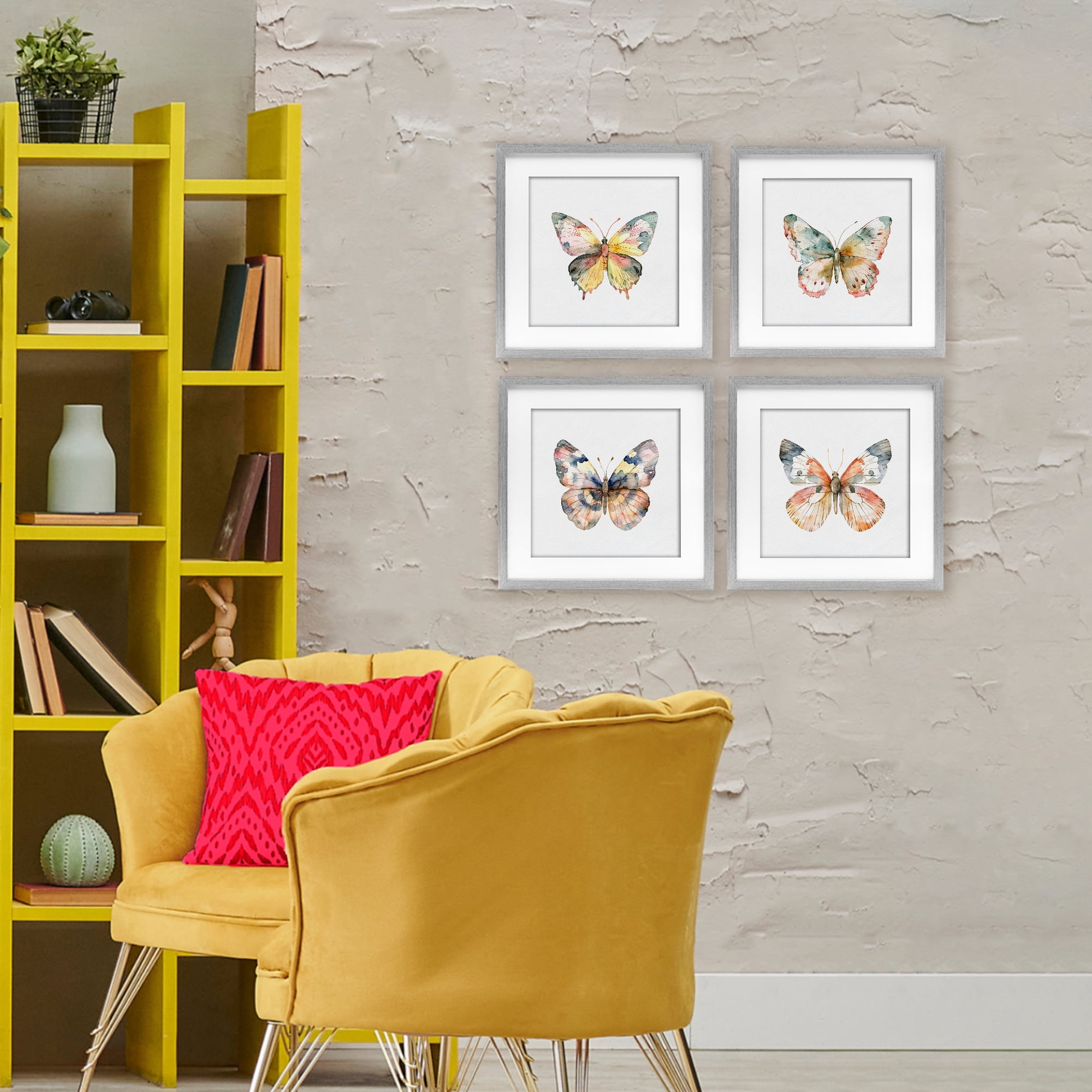Stupell Industries Watercolor Butterfly Forms 4 Piece Gray Framed Print Under Glass Set, design by Kim Allen