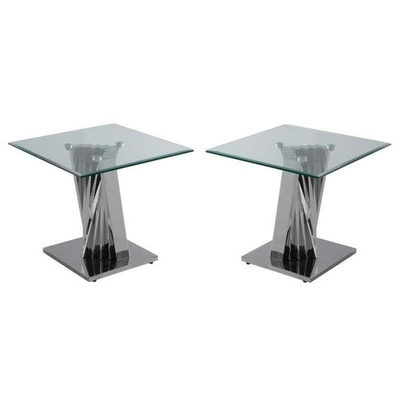 Home Square Clear Glass and Steel Sofa End Table in Silver - Set of 2