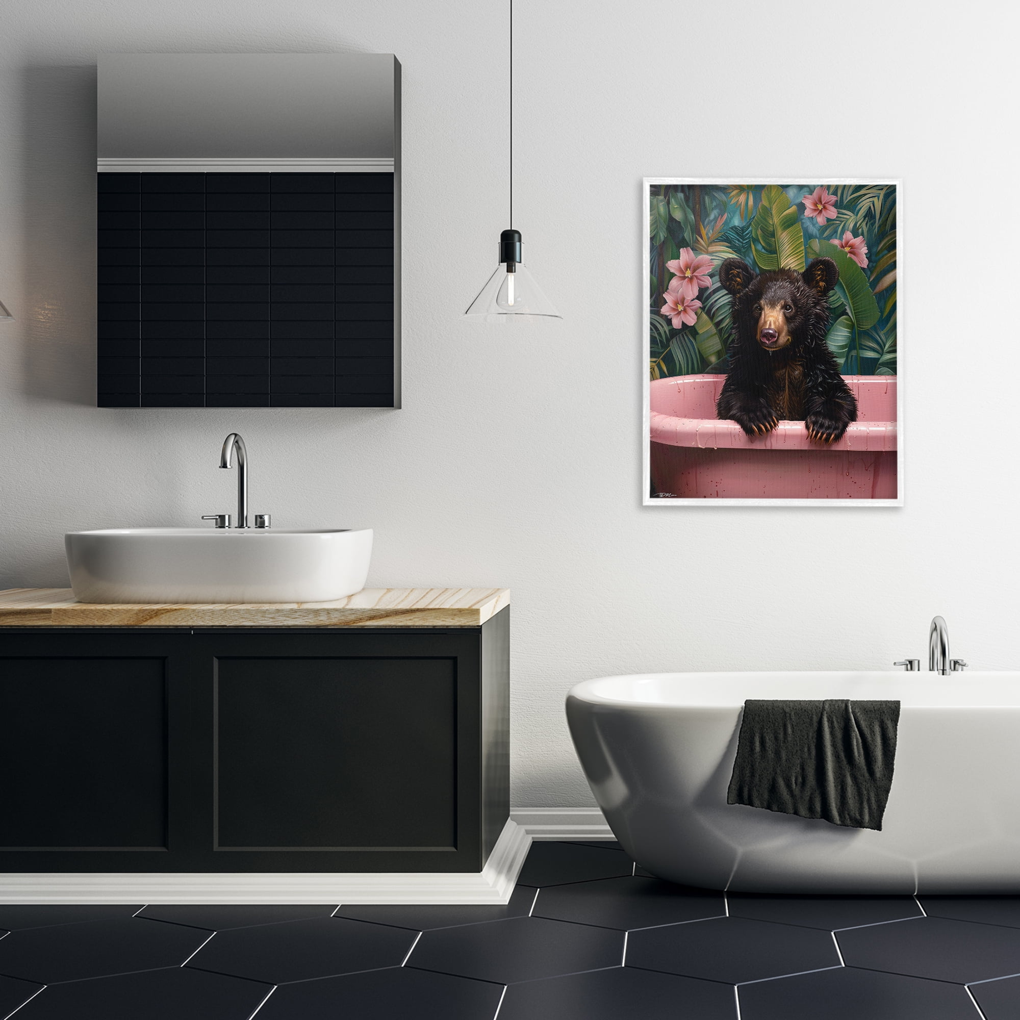 Bruno Bear in Pink Tub White Framed Giclee Art, design by Momart