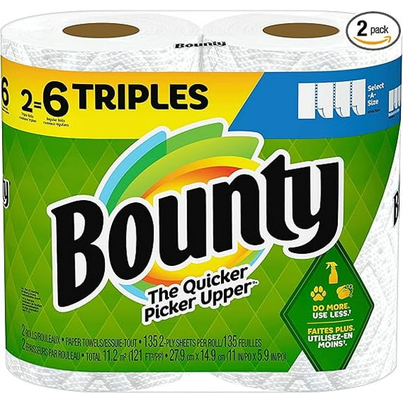 Bounty Select-A-Size Paper Towels, White, 2 Triple Rolls = 6 Regular Rolls (Pack of 1)