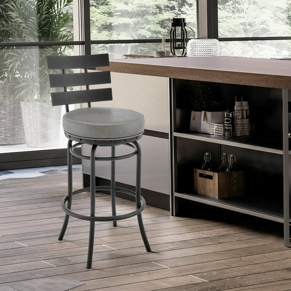 Bedroom Bench Tatyana Swivel Counter or Bar Stool in Black Finish with Gray Faux Leather,Bedroom Stool