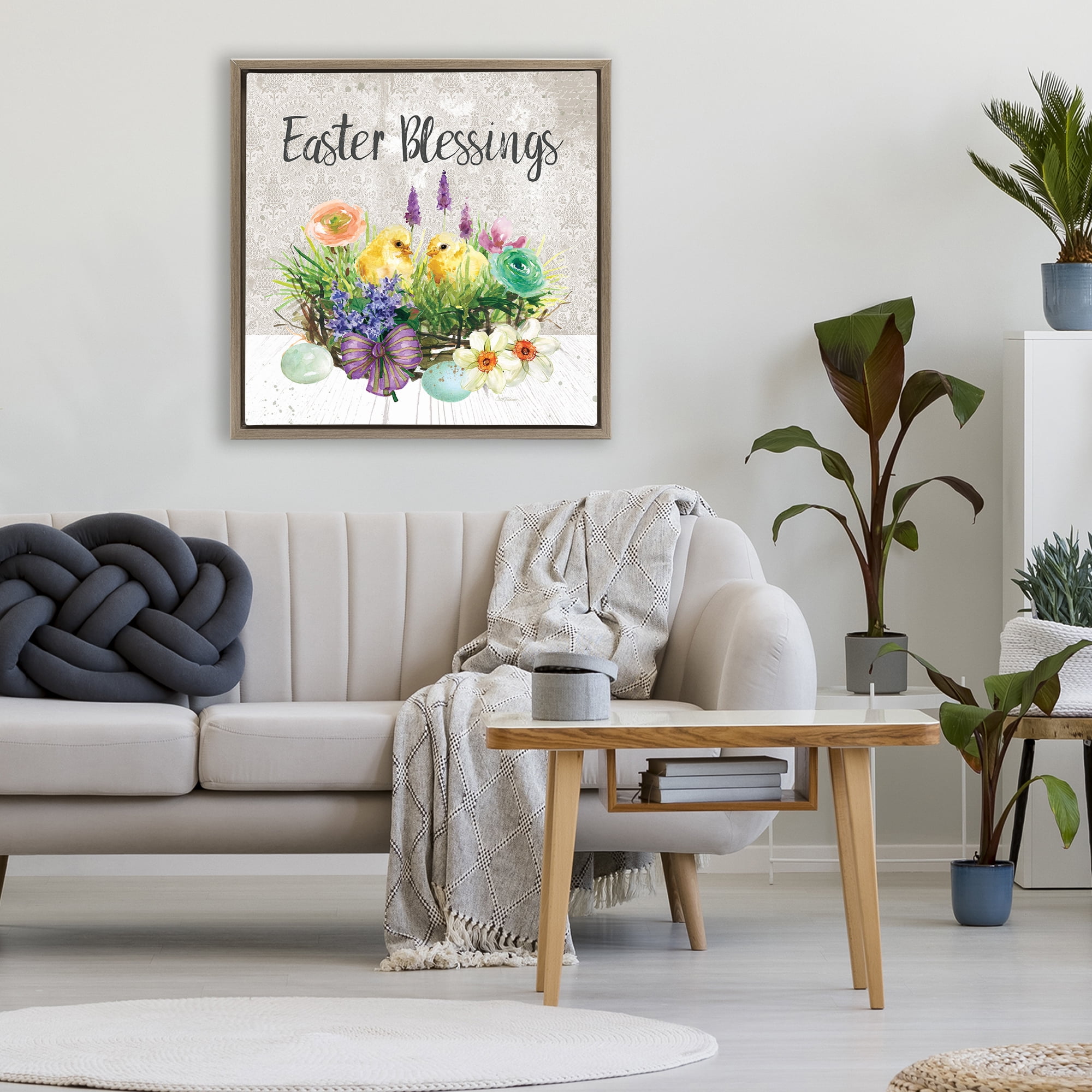 Stupell Industries Easter Blessings Basket of Flowers Brown Framed Floater Canvas Wall Art, design by Carol Robinson