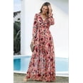 thumbnail image 4 of Women'S Boho Maxi Dress V Neck Puff Long Sleeve Ruffle A-Line Split Swing Chiffon Dresses Red Flower M, 4 of 6