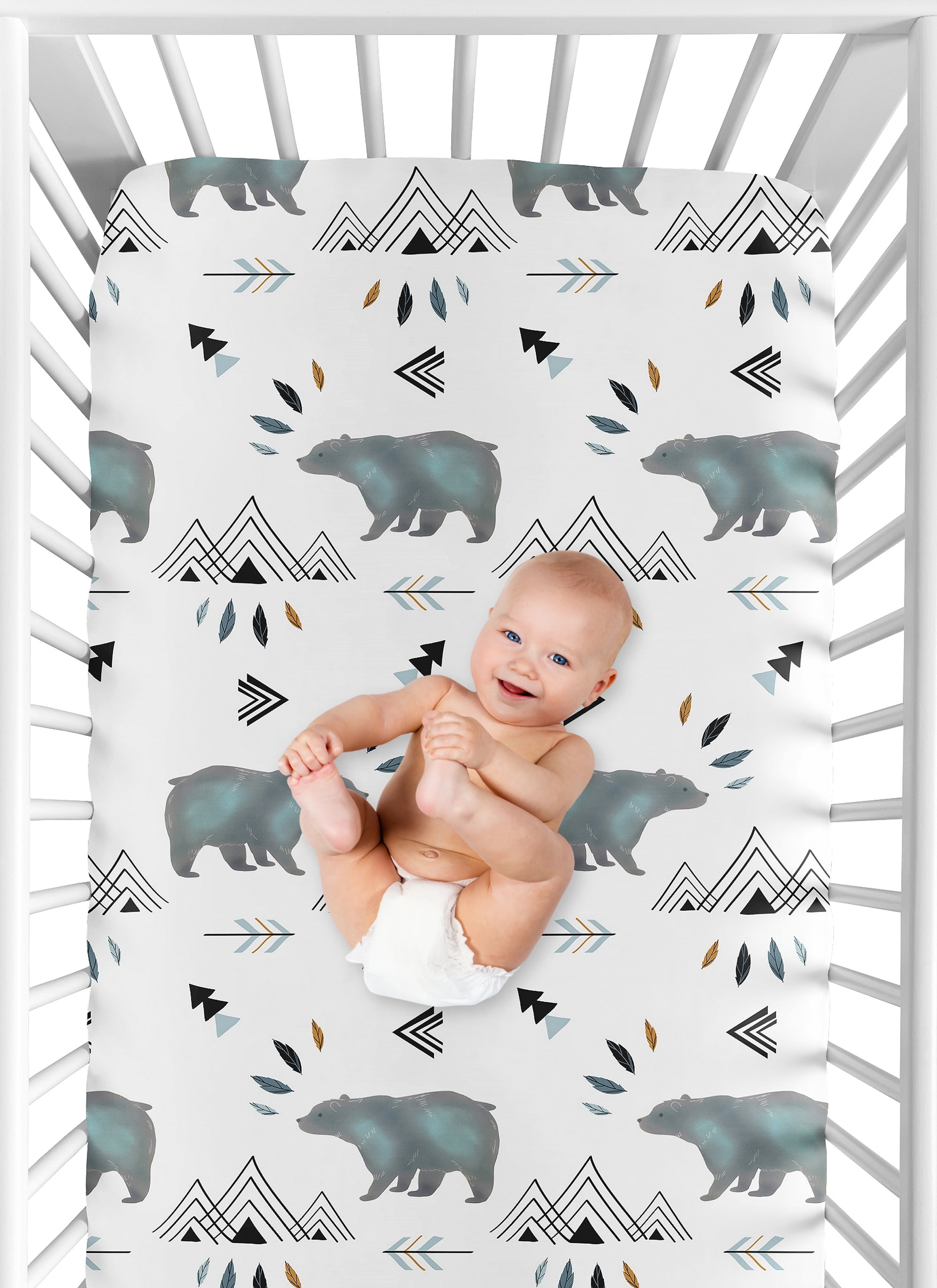 Sweet Jojo Designs Bear Mountain Blue and White Fitted Crib Sheet