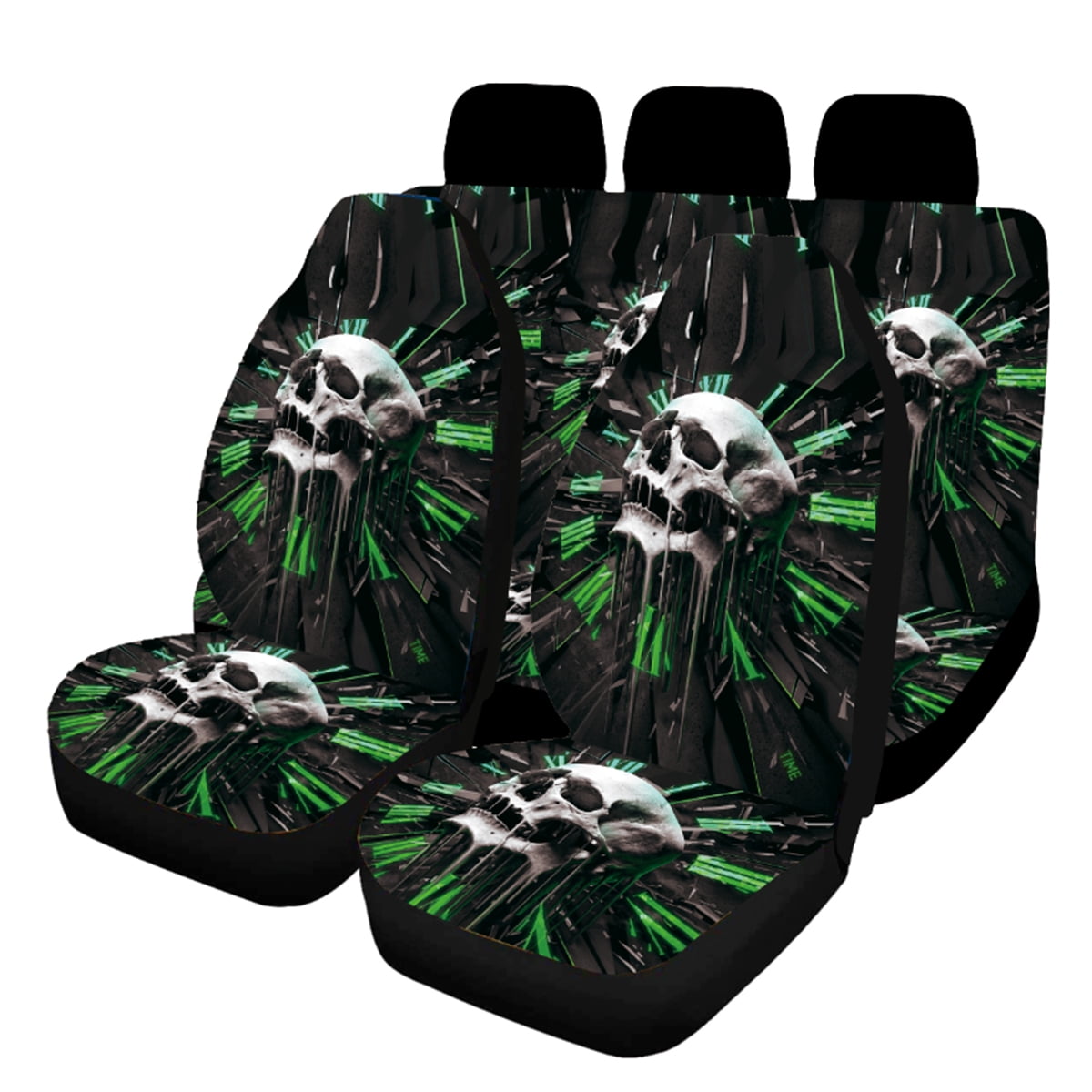 5Seats 7/1PC Halloween Green Skull Full Set Auto Seat Covers Car Front